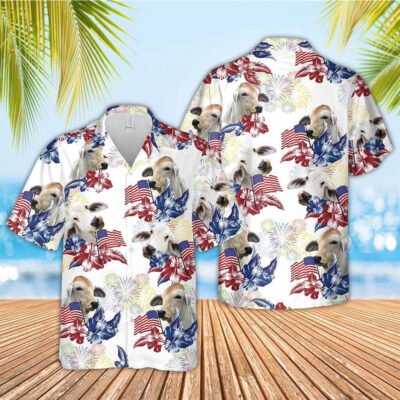 Hawaiian Cow Shirt, Brahman American Flowers And Flag Pattern Hawaiian Shirt, Animal Hawaiian Shirt, Farmer Short Sleeve Shirt