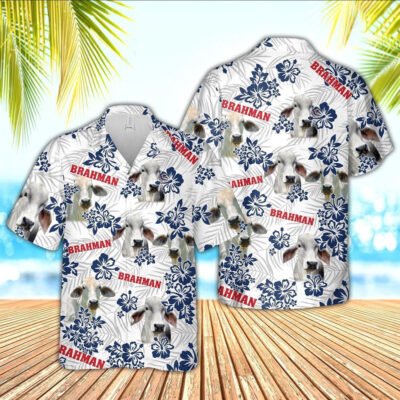 Hawaiian Cow Shirt, Brahman American White Flowers Pattern Hawaiian Shirt, Animal Hawaiian Shirt, Farmer Short Sleeve Shirt