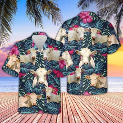 Hawaiian Cow Shirt, Brahman Cattle Floral Tropical Leaves Pattern Hawaiian Shirt, Animal Hawaiian Shirt, Farmer Short Sleeve Shirt