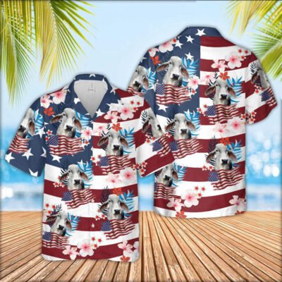 Hawaiian Cow Shirt, Brahman Cattle Floral U.S Flag Pattern Hawaiian Shirt, Animal Hawaiian Shirts, Farmer Shirts