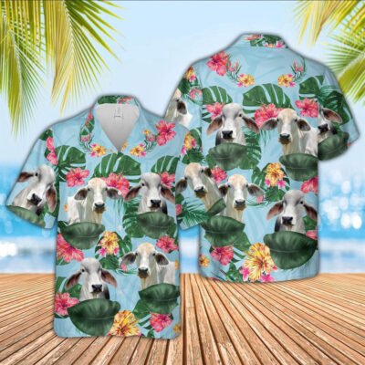 Hawaiian Cow Shirt, Brahman Cattle Flower Pattern 3D Hawaiian Shirt, Animal Hawaiian Shirt, Farmer Short Sleeve Shirt