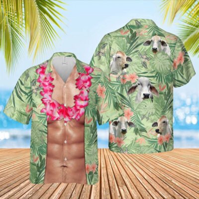Hawaiian Cow Shirt, Brahman Cattle Funny 6-Pack Body Hawaiian Shirt, Animal Hawaiian Shirt, Farmer Short Sleeve Shirt