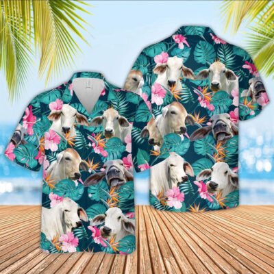Hawaiian Cow Shirt, Brahman Cattle Palm Leaves Pattern Hawaiian Shirt, Animal Hawaiian Shirt, Farmer Short Sleeve Shirt