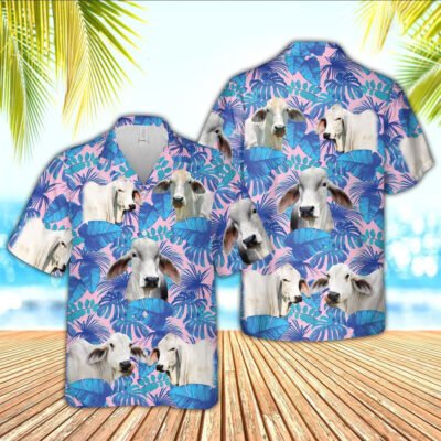 Hawaiian Cow Shirt, Brahman Cattle Tropical Blue Palm Leaves Hawaiian Shirt, Animal Hawaiian Shirt, Farmer Short Sleeve Shirt