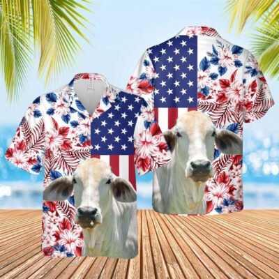 Hawaiian Cow Shirt, Brahman Cattle Us Flag Flower 3D Hawaiian Shirt, Animal Hawaiian Shirt, Farmer Short Sleeve Shirt