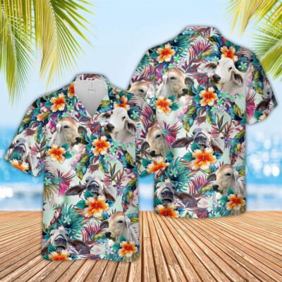 Hawaiian Cow Shirt, Brahman Cows With Flowers 3D Hawaiian Shirt, Animal Hawaiian Shirt, Farmer Short Sleeve Shirt
