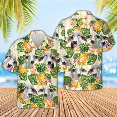 Hawaiian Cow Shirt, Brahman Pineapple Pattern Hawaiian Shirt, Animal Hawaiian Shirt, Farmer Short Sleeve Shirt