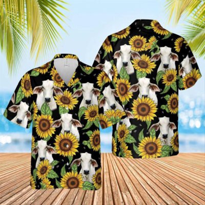 Hawaiian Cow Shirt, Brahman Sunflower Hawaiian Shirt 2023, Animal Hawaiian Shirt, Farmer Short Sleeve Shirt