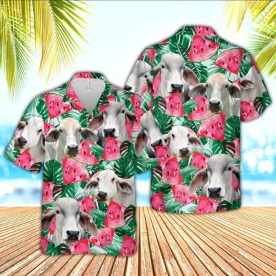 Hawaiian Cow Shirt, Brahman Watermelon 3D Hawaiian Shirt, Animal Hawaiian Shirt, Farmer Short Sleeve Shirt