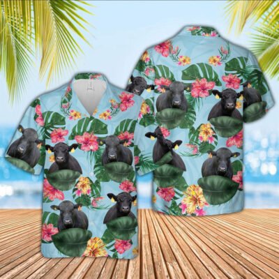 Hawaiian Cow Shirt, Brangus Flower Pattern 3D Hawaiian Shirt, Animal Hawaiian Shirt, Farmer Short Sleeve Shirt
