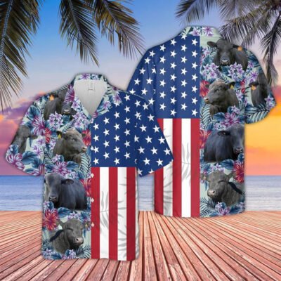 Hawaiian Cow Shirt, Brangus Flower Pattern American 3D Hawaiian Shirt, Animal Hawaiian Shirt, Farmer Short Sleeve Shirt
