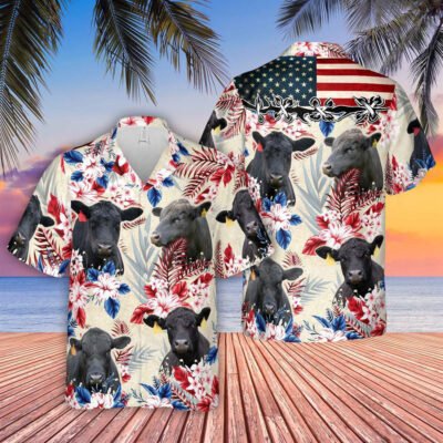 Hawaiian Cow Shirt, Brangus Pattern Us Flag Hawaiian Shirt, Animal Hawaiian Shirt, Farmer Short Sleeve Shirt