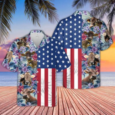 Hawaiian Cow Shirt, Braunvieh Flower Pattern American 3D Hawaiian Shirt, Animal Hawaiian Shirt, Farmer Short Sleeve Shirt