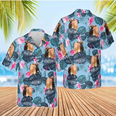 Hawaiian Cow Shirt, Brown Swiss Blue Hibiscus Hawaiian Shirt, Animal Hawaiian Shirt, Farmer Short Sleeve Shirt