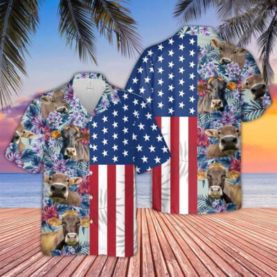 Hawaiian Cow Shirt, Brown Swiss Flower Pattern American 3D Hawaiian Shirt, Animal Hawaiian Shirt, Farmer Short Sleeve Shirt