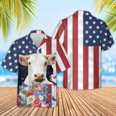 Hawaiian Cow Shirt, Charolais 4Th Of July 3D Hawaiian Shirt, Animal Hawaiian Shirt, Farmer Short Sleeve Shirt