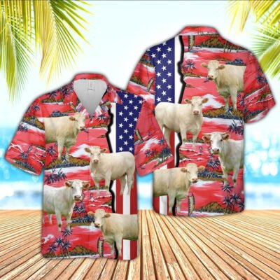 Hawaiian Cow Shirt, Charolais American Flag Farming 3D Hawaiian Shirt, Animal Hawaiian Shirts, Farmer Shirts