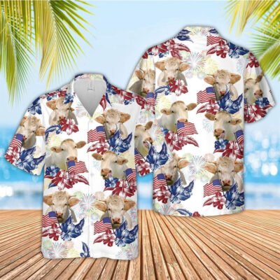Hawaiian Cow Shirt, Charolais American Flowers And Flag Pattern Hawaiian Shirt, Animal Hawaiian Shirt, Farmer Short Sleeve Shirt