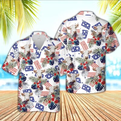 Hawaiian Cow Shirt, Charolais American Little Flowers And Flag Pattern Hawaiian Shirt, Animal Hawaiian Shirt, Farmer Short Sleeve Shirt