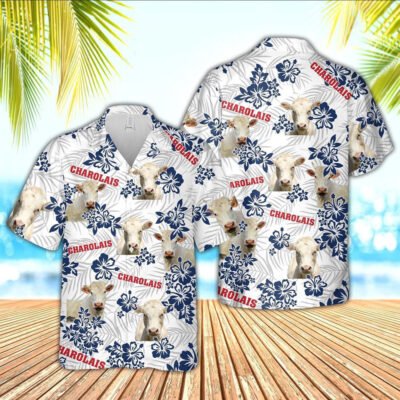 Hawaiian Cow Shirt, Charolais American White Flowers Pattern Hawaiian Shirt, Animal Hawaiian Shirt, Farmer Short Sleeve Shirt