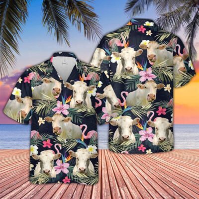 Hawaiian Cow Shirt, Charolais And Flamingo Flower Pattern 3D Hawaiian Shirt, Animal Hawaiian Shirt, Farmer Short Sleeve Shirt