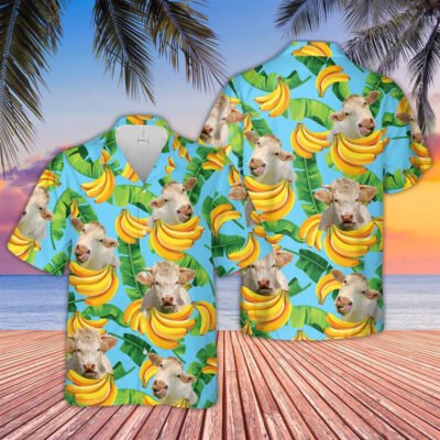 Hawaiian Cow Shirt, Charolais Banana Pattern 3D Hawaiian Shirt, Animal Hawaiian Shirt, Farmer Short Sleeve Shirt