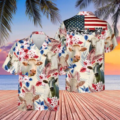 Hawaiian Cow Shirt, Charolais Cattle American Flag Hawaiian Flowers All Over Printed 3D Hawaiian Shirt, Animal Hawaiian Shirt, Farmer Short Sleeve Shirt