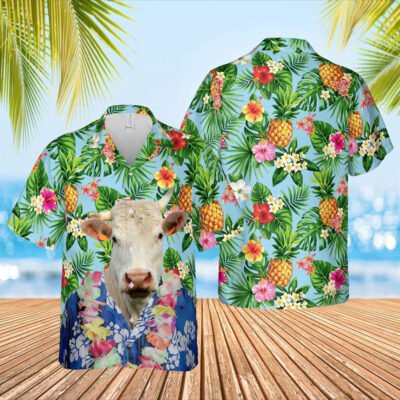 Hawaiian Cow Shirt, Charolais Cattle Big Face Funny Hawaiian Shirt, Animal Hawaiian Shirt, Farmer Short Sleeve Shirt