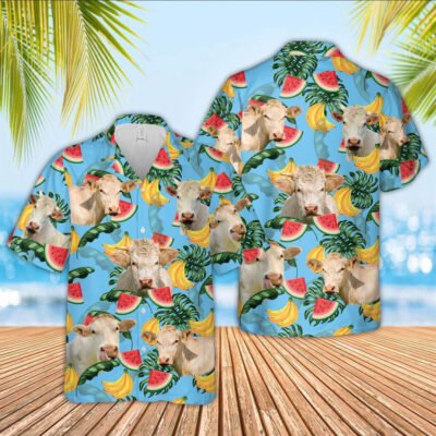 Hawaiian Cow Shirt, Charolais Cattle Blue Tropical Fruits Pattern Hawaiian Shirt, Animal Hawaiian Shirt, Farmer Short Sleeve Shirt