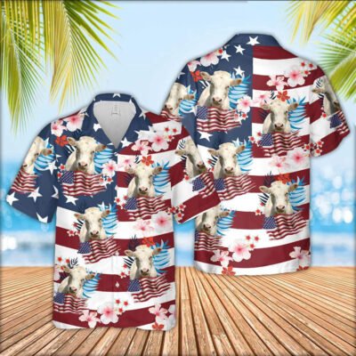 Hawaiian Cow Shirt, Charolais Cattle Floral U.S Flag Pattern Hawaiian Shirt, Animal Hawaiian Shirt, Farmer Short Sleeve Shirt