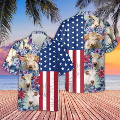 Hawaiian Cow Shirt, Charolais Cattle Flower Pattern Us Flag 3D Hawaiian Shirt, Animal Hawaiian Shirt, Farmer Short Sleeve Shirt