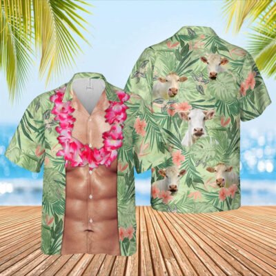Hawaiian Cow Shirt, Charolais Cattle Funny 6-Pack Body Hawaiian Shirt, Animal Hawaiian Shirt, Farmer Short Sleeve Shirt