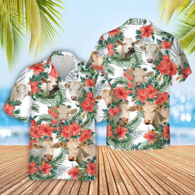 Hawaiian Cow Shirt, Charolais Cattle Hibucis Flower Pattern 3D Hawaiian Shirt, Animal Hawaiian Shirt, Farmer Short Sleeve Shirt