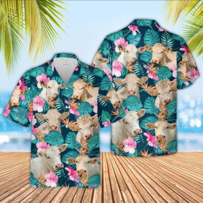 Hawaiian Cow Shirt, Charolais Cattle Palm Leaves Pattern Hawaiian Shirt, Animal Hawaiian Shirt, Farmer Short Sleeve Shirt