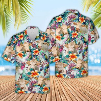 Hawaiian Cow Shirt, Charolais Colorful Leaf Pattern Hawaiian Shirt, Animal Hawaiian Shirt, Farmer Short Sleeve Shirt