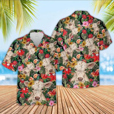 Hawaiian Cow Shirt, Charolais Cow And Flower Drawing Hawaiian Shirt, Animal Hawaiian Shirt, Farmer Short Sleeve Shirt
