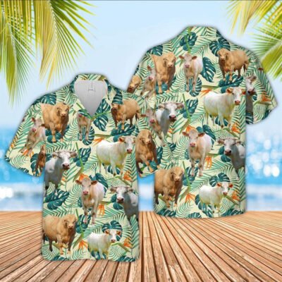 Hawaiian Cow Shirt, Charolais Green Pattern 3D Hawaiian Shirt, Animal Hawaiian Shirt, Farmer Short Sleeve Shirt