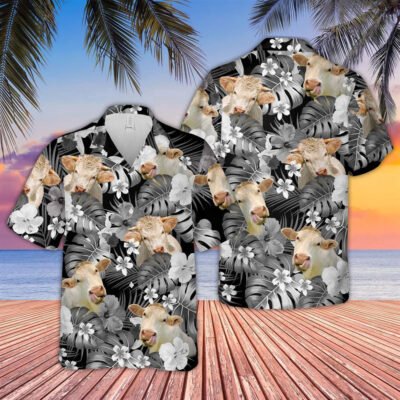 Hawaiian Cow Shirt, Charolais Grey 3D Hawaiian Shirt, Animal Hawaiian Shirt, Farmer Short Sleeve Shirt