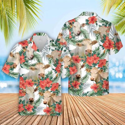 Hawaiian Cow Shirt, Charolais Hawaiian Shirt, Animal Hawaiian Shirt, Farmer Short Sleeve Shirt