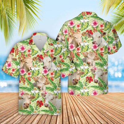 Hawaiian Cow Shirt, Charolais Hibicus Floral 3D Hawaiian Shirt, Animal Hawaiian Shirt, Farmer Short Sleeve Shirt