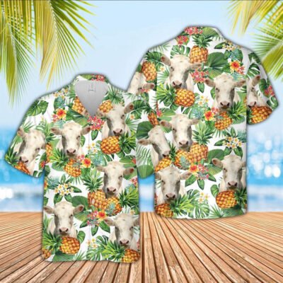 Hawaiian Cow Shirt, Charolais Pineapple Pattern 3D Hawaiian Shirt, Animal Hawaiian Shirt, Farmer Short Sleeve Shirt