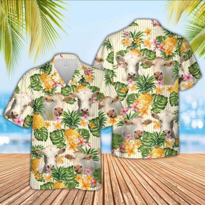 Hawaiian Cow Shirt, Charolais Pineapple Pattern Hawaiian Shirt, Animal Hawaiian Shirt, Farmer Short Sleeve Shirt