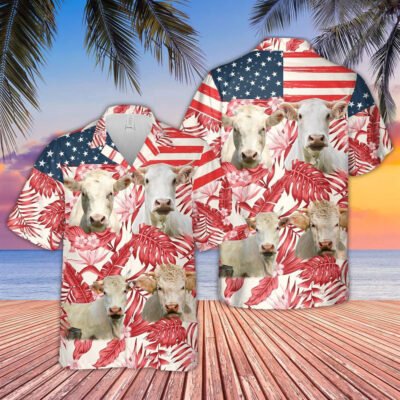 Hawaiian Cow Shirt, Charolais Red Floral Us Flag 3D Hawaiian Shirt, Animal Hawaiian Shirt, Farmer Short Sleeve Shirt