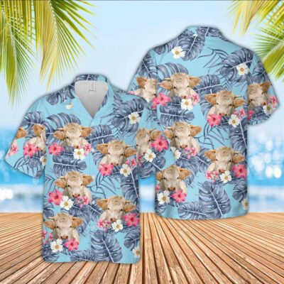 Hawaiian Cow Shirt, Charolais Sierra Blue Pattern 3D Hawaiian Shirt, Animal Hawaiian Shirt, Farmer Short Sleeve Shirt