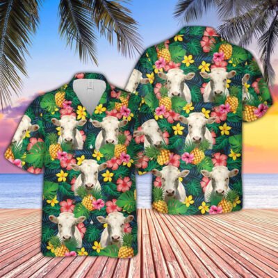 Hawaiian Cow Shirt, Charolais Summer Pattern 3D Hawaiian Shirt, Animal Hawaiian Shirt, Farmer Short Sleeve Shirt