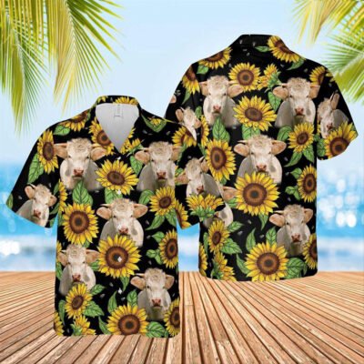 Hawaiian Cow Shirt, Charolais Sunflower Hawaiian Shirt 2023, Animal Hawaiian Shirt, Farmer Short Sleeve Shirt