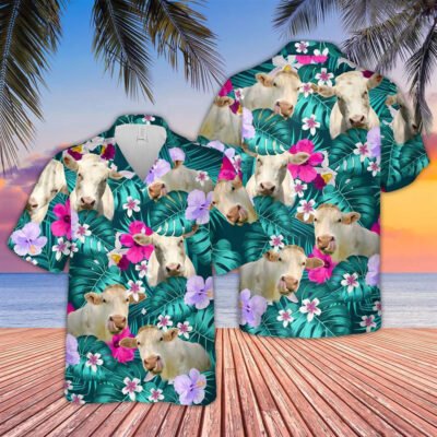 Hawaiian Cow Shirt, Charolais Tropical Style 3D Hawaiian Shirt, Animal Hawaiian Shirt, Farmer Short Sleeve Shirt