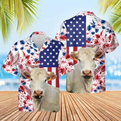 Hawaiian Cow Shirt, Charolais Us Flag Flower 3D Hawaiian Shirt, Animal Hawaiian Shirt, Farmer Short Sleeve Shirt