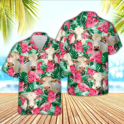 Hawaiian Cow Shirt, Charolais Watermelon 3D Hawaiian Shirt, Animal Hawaiian Shirt, Farmer Short Sleeve Shirt