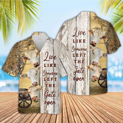 Hawaiian Cow Shirt, Charolais Woods Pattern Hawaiian Shirt, Animal Hawaiian Shirt, Farmer Short Sleeve Shirt